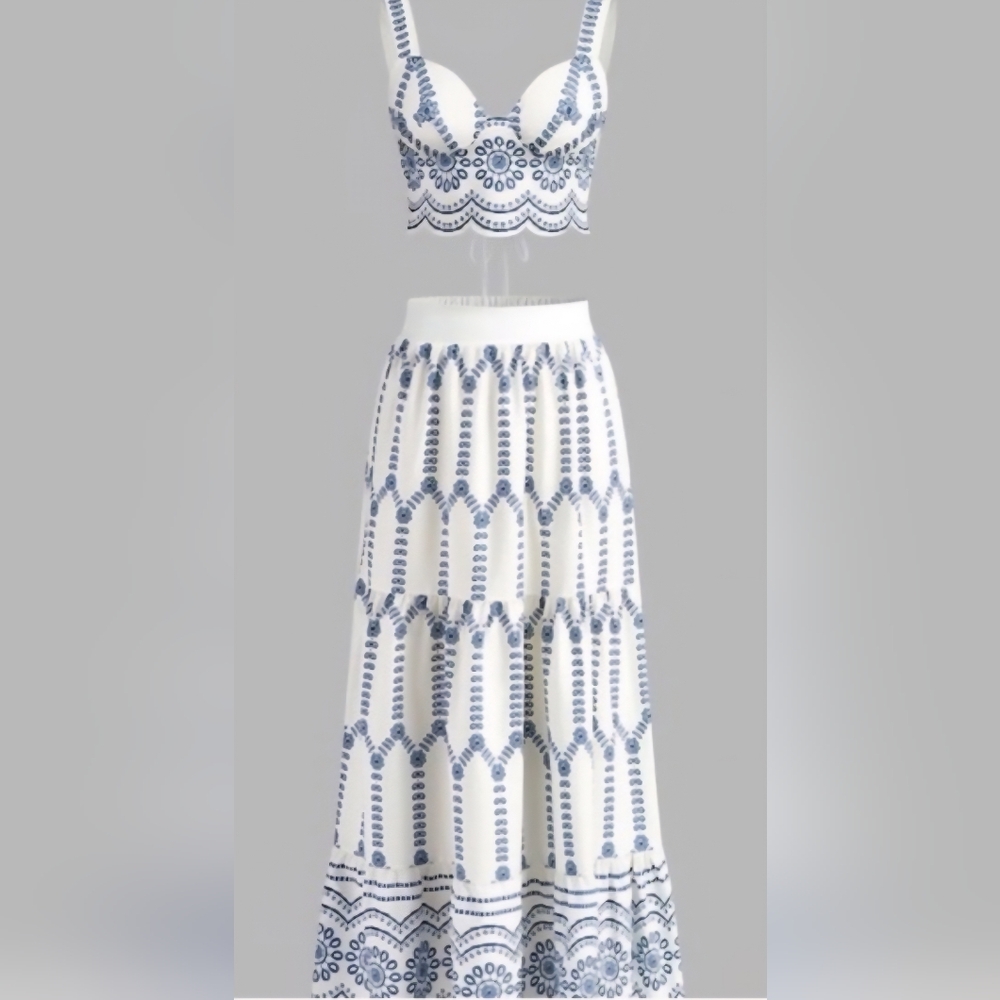 Commense White and Blue Embroidered Two-Piece Skirt Set